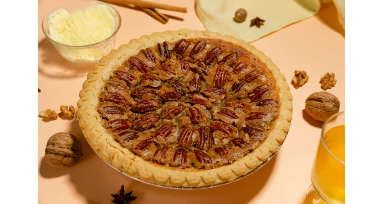 Homemade pecan pie with a flaky crust and caramelized filling