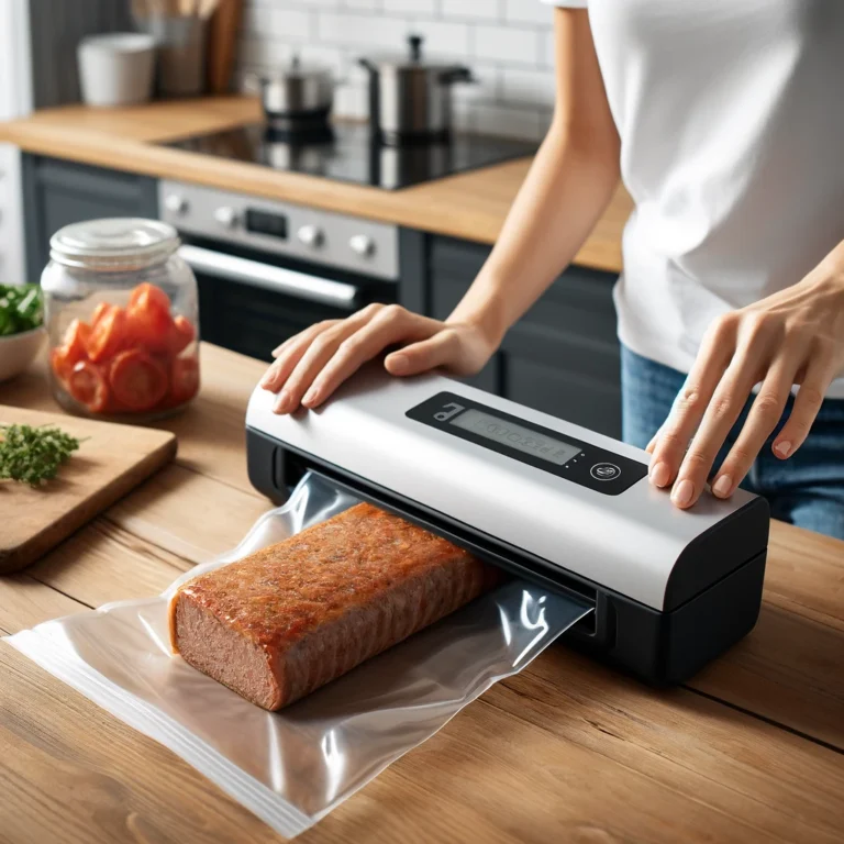 Here is a photo illustrating a modern kitchen scene where a person is using a vacuum sealer to preserve a freshly made meatloaf. This image visually complements the article's section on using vacuum sealers for better preservation of food. You can view and use the image above.