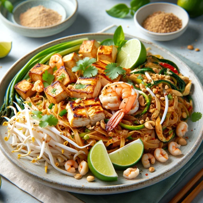 traditional Pad Thai features rice noodles, chicken, shrimp, tofu, bean sprouts