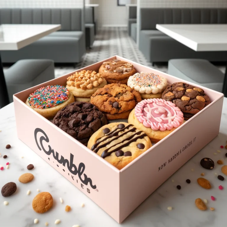 a photo of Crumbl Cookies arranged in their signature pink box, featuring a variety of flavors with different toppings. Enjoy! Here is a photo of Crumbl Cookies arranged in their signature pink box, featuring a variety of flavors with different toppings