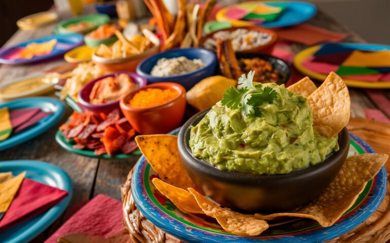 Mexican Fiesta Spread: A colorful photo featuring an array of Mexican dips, chips, and other snacks spread out on a table, ready to be enjoyed