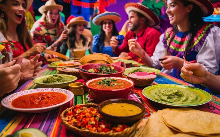 Here is a vibrant and colorful image depicting a traditional Mexican Cinco de Mayo celebration. The scene includes a festive table full of traditional foods and people enjoying the festivities in traditional Mexican attire