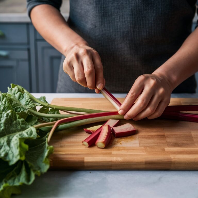 Here is a photo depicting a person preparing rhubarb in a kitchen. This scene captures the essence of using rhubarb in culinary preparat ions